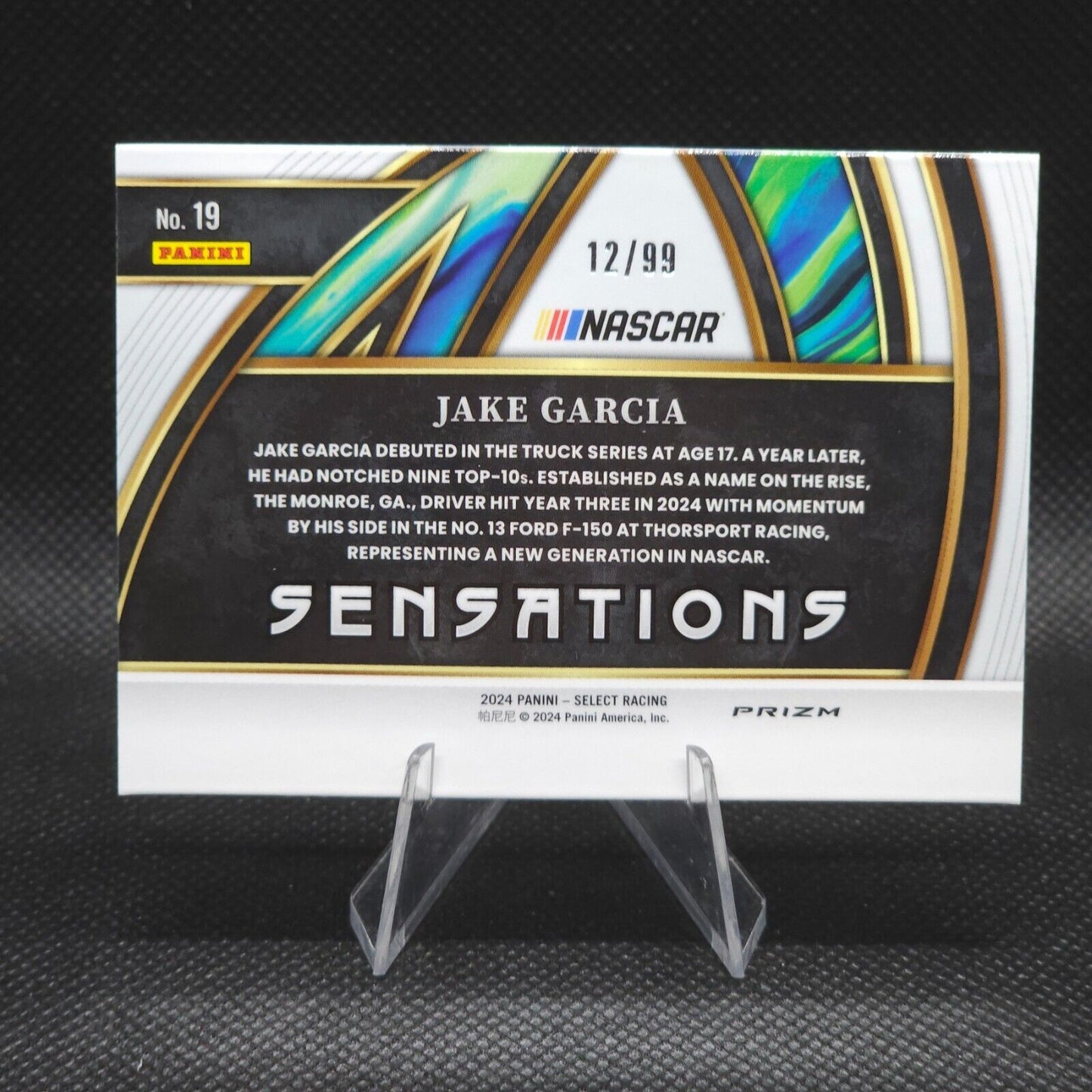 2024 Panini Select Racing Sensations Red Prizm #19 Jake Garcia 12/99 Rookie Card