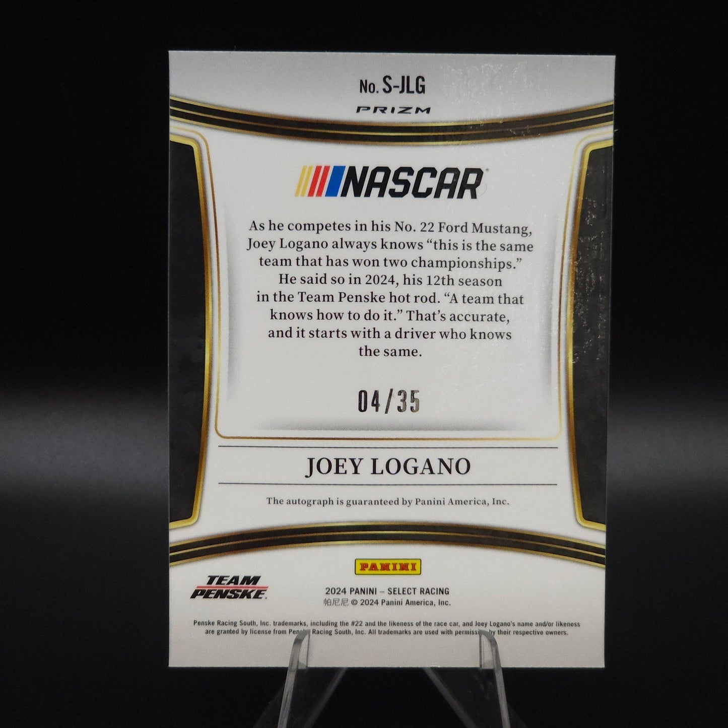 2024 Panini Select Racing Signatures Purple Prizm #S-JLG Joey Logano /35