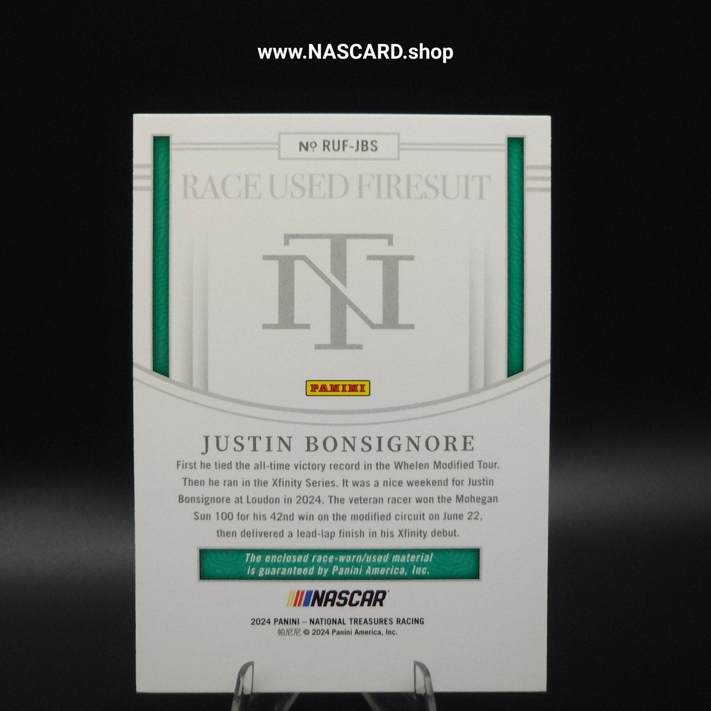 2024 National Treasures Race Used Firesuits Holo Silver Justin Bonsignore /25