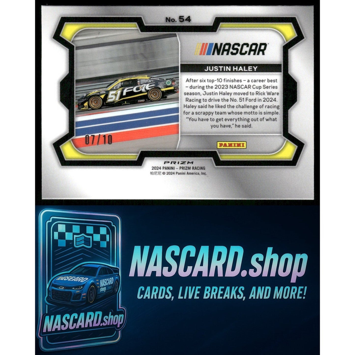 2024 Panini Prizm Rides #54 Justin Haley Gold #07/10