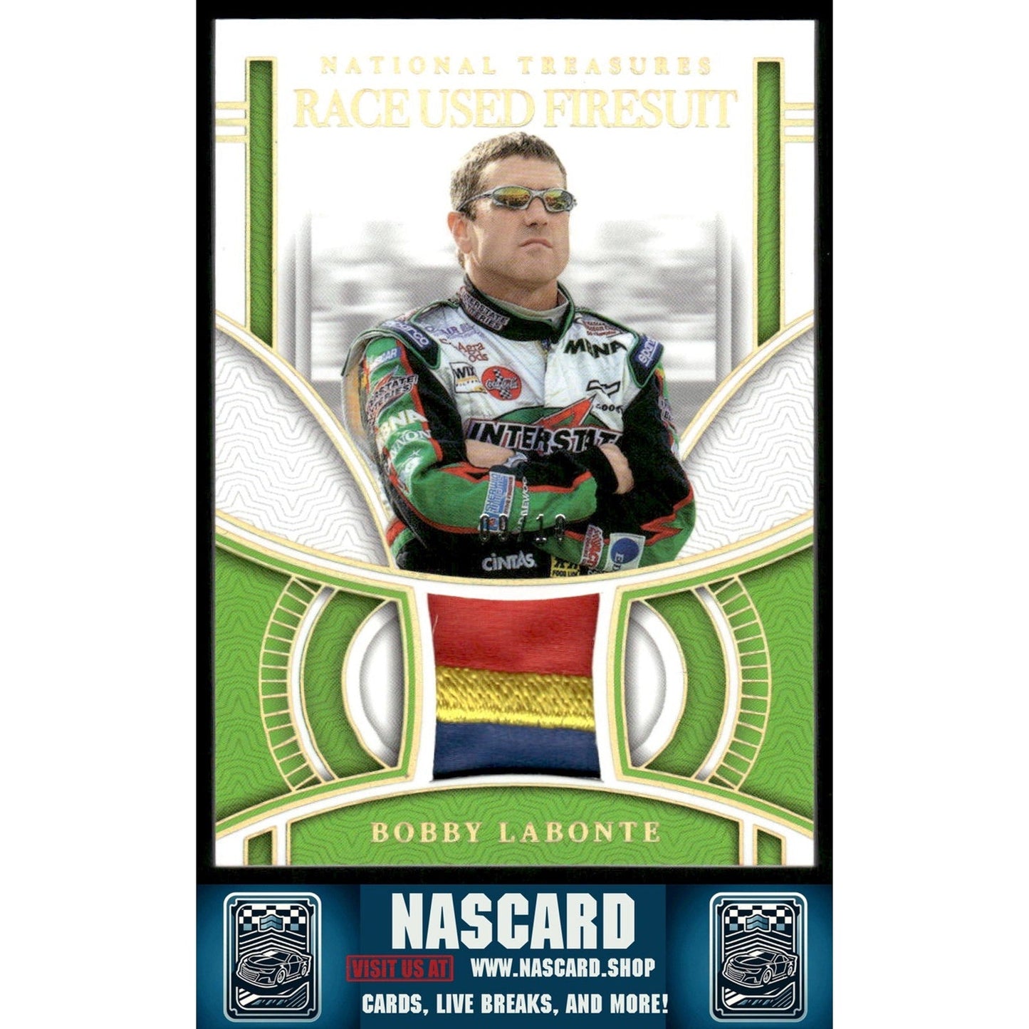 2024 Panini National Treasures Bobby Labonte Race Used Firesuit Holo Gold #/10