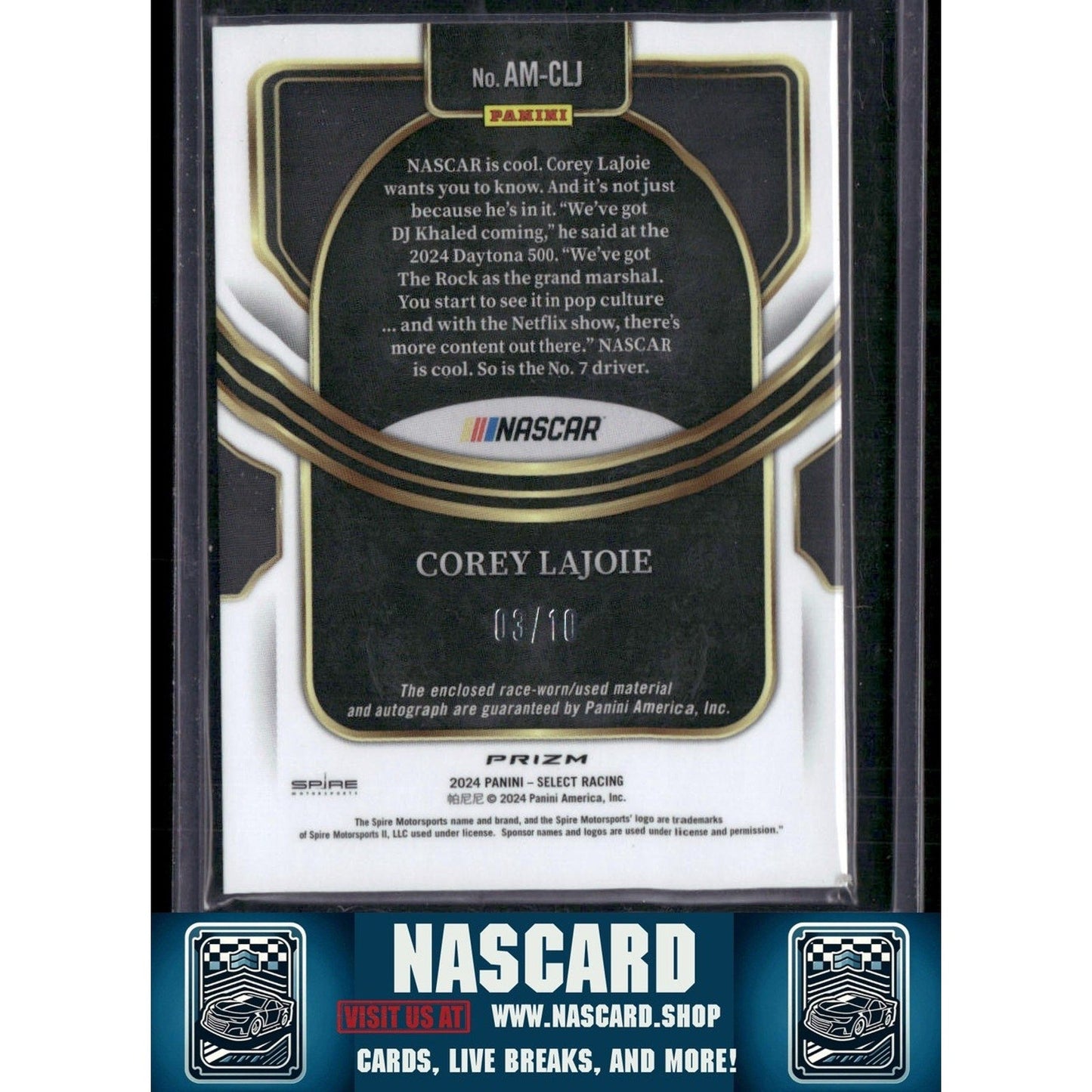 2024 Panini Select #AM-CLJ Corey LaJoie Autographed Memorabilia Gold Prizms #/10