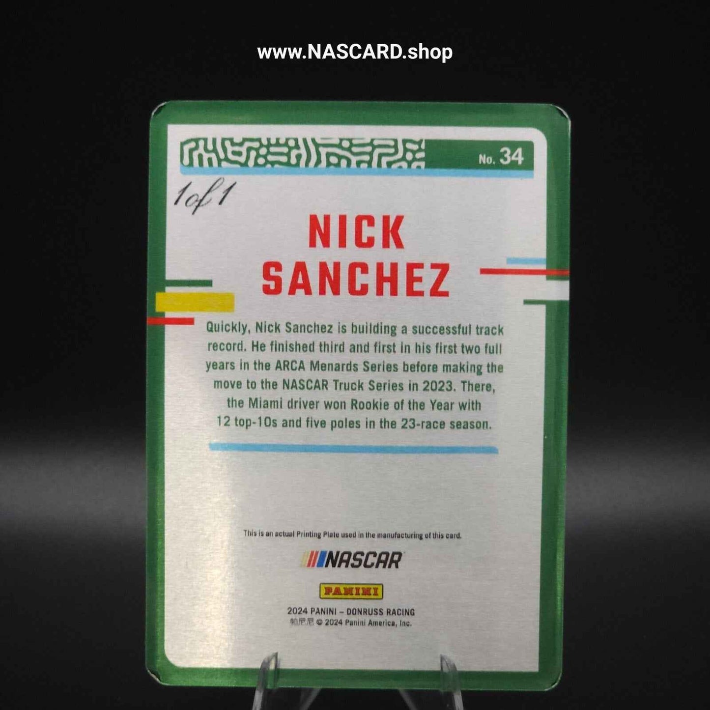 2024 Panini Donruss NASCAR #34 Printing Plate Nick Sanchez 1/1