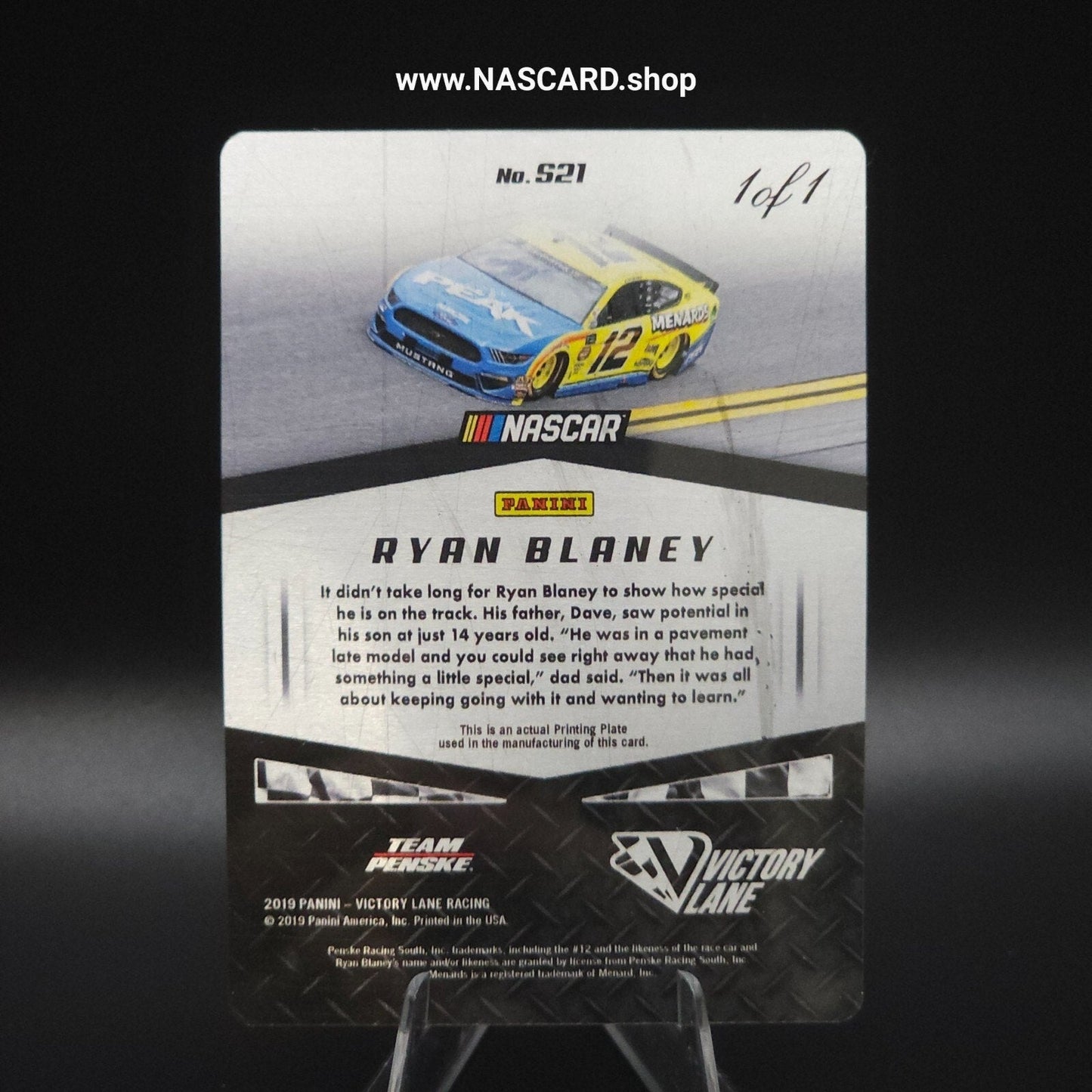 2019 Panini Victory Lane Starting Grid #S21 Printing Plate Ryan Blaney 1/1