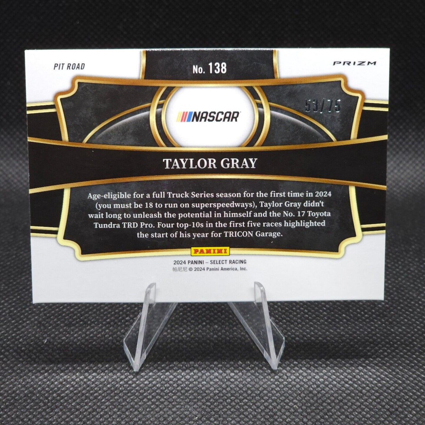 2024 Panini Select Racing Pit Road Purple Prizm #138 Taylor Gray 53/75