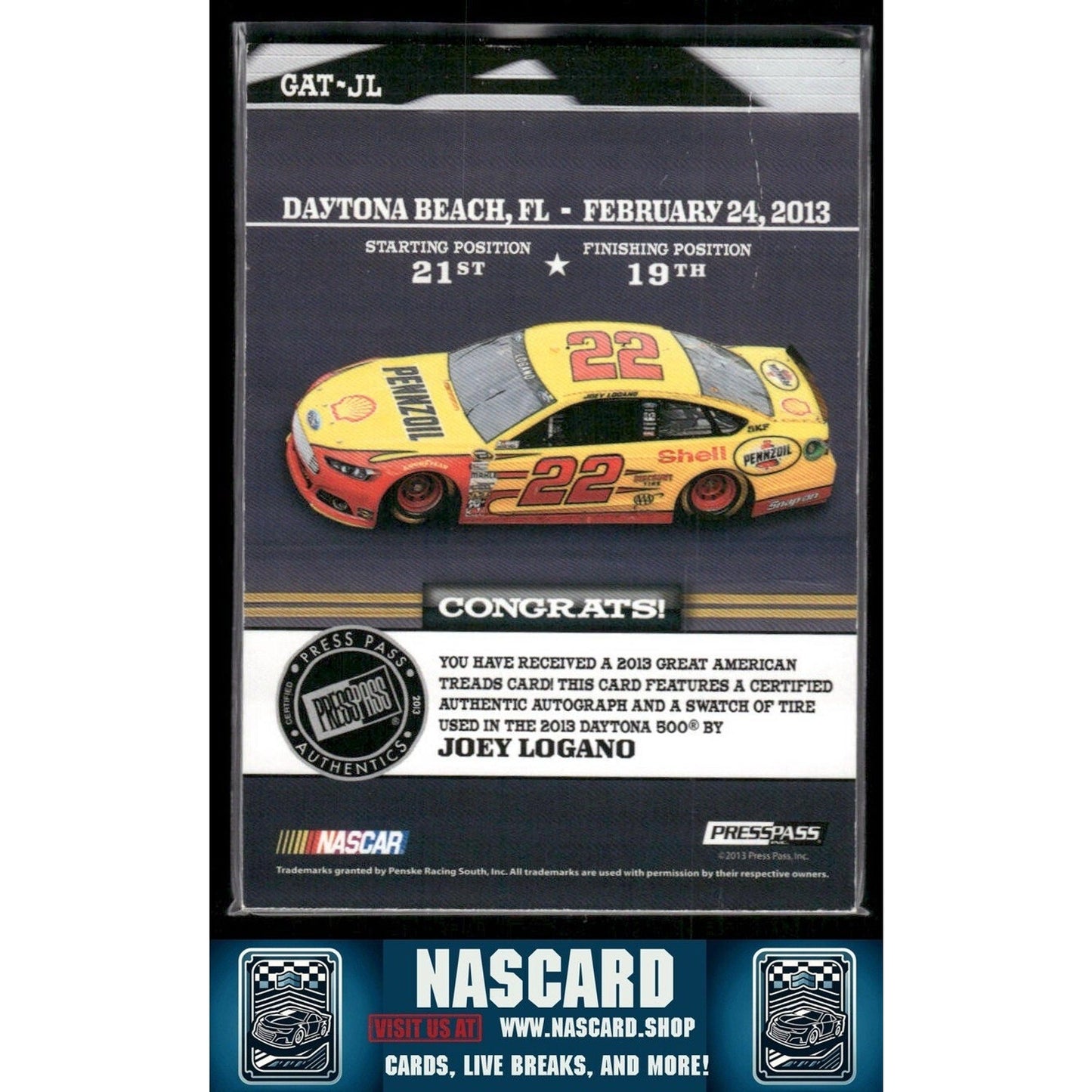 2013 Press Pass Great American Treads Ignite Red Joey Logano 1/1
