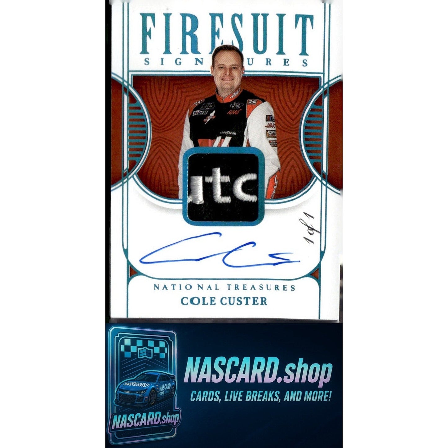 2023 National Treasures Cole Custer Firesuit Signatures Holo Platinum Blue #1/1