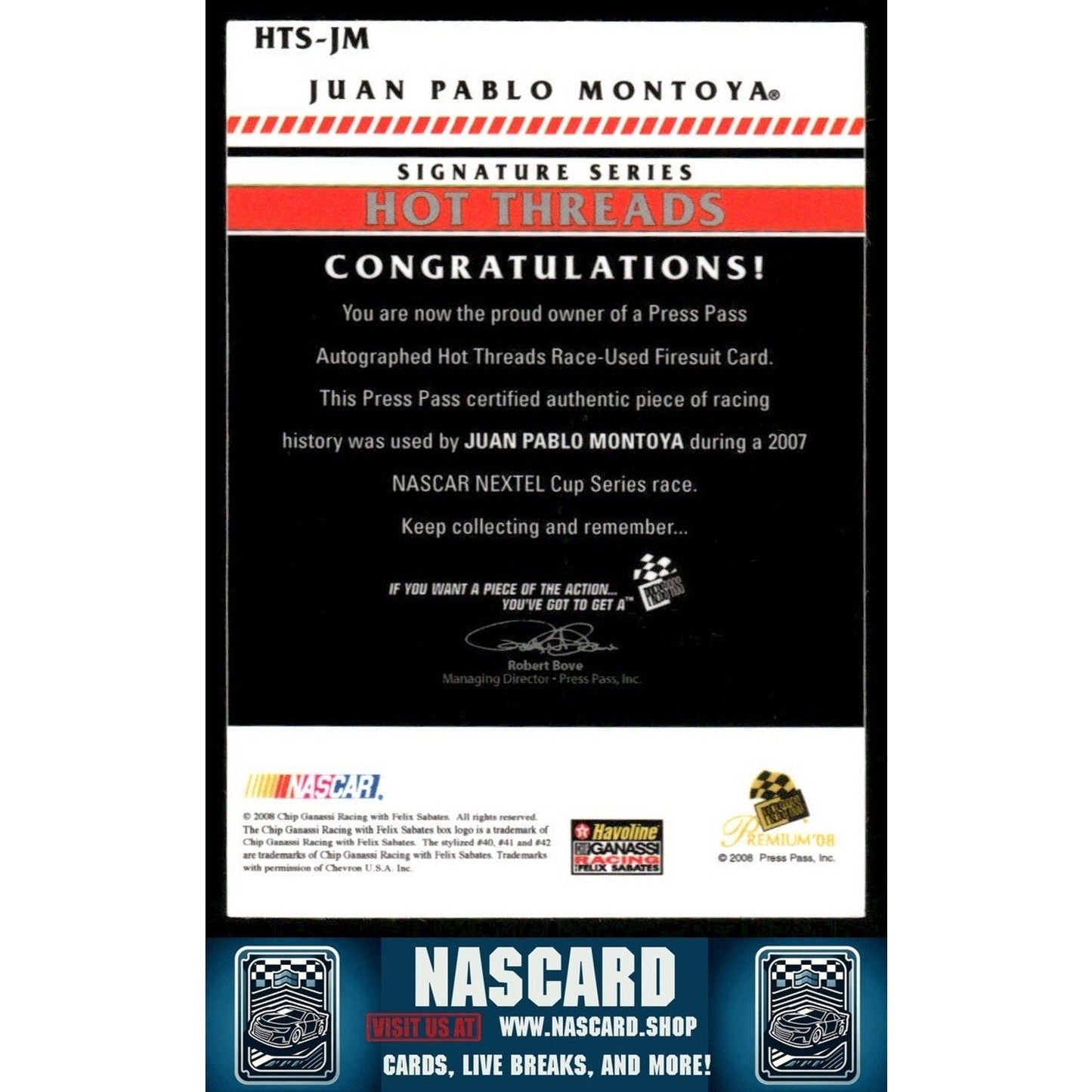 2008 Press Pass Premium #HTS-JM Juan Pablo Montoya Hot Threads Autographs