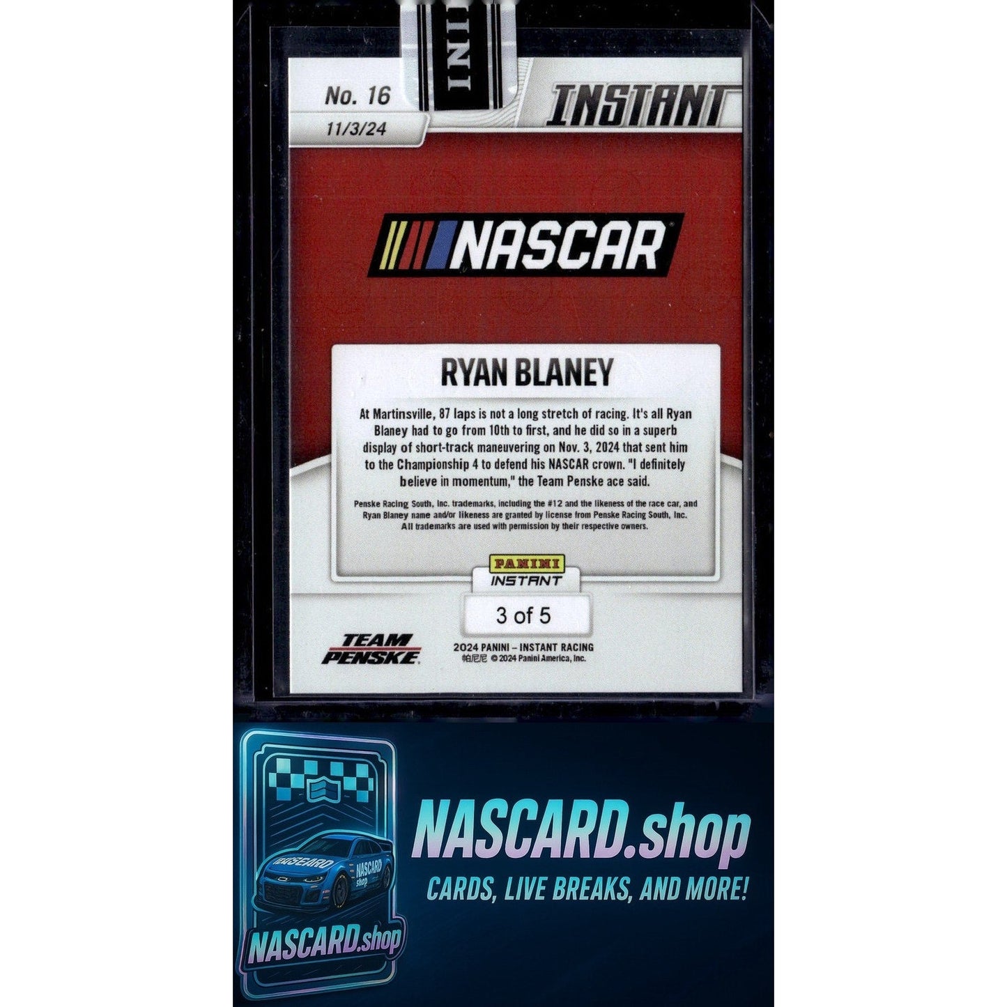 2024 Panini Instant #16 Ryan Blaney White Tiger #/5