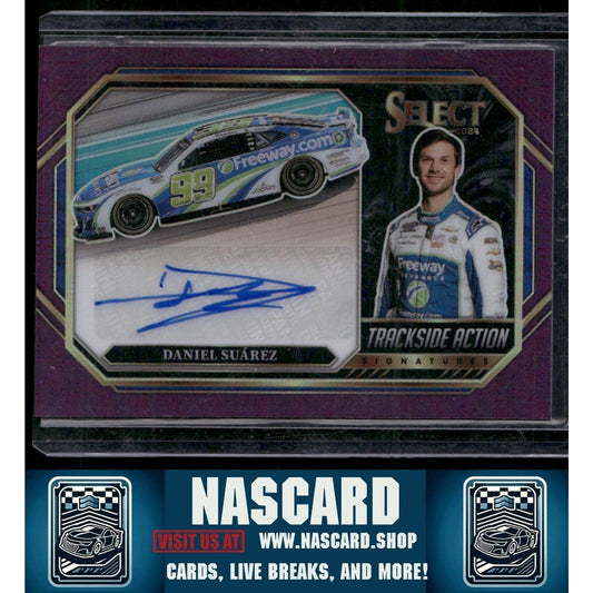 2024 Panini Select Daniel Suarez Trackside Action Signatures Purple Prizms #/49