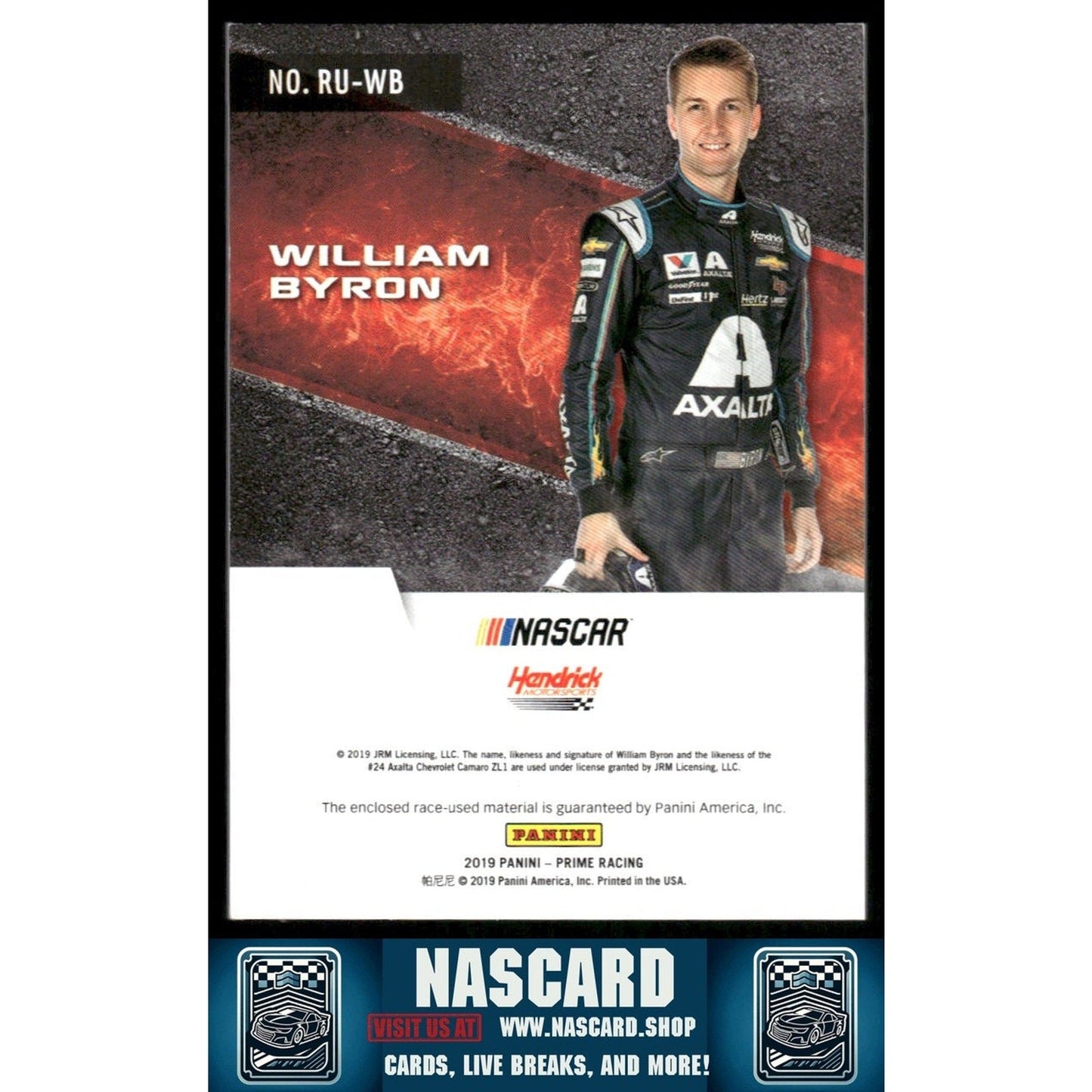 2019 Panini Prime #RU-WB William Byron Race Used Firesuits Laundry Tags 1/1