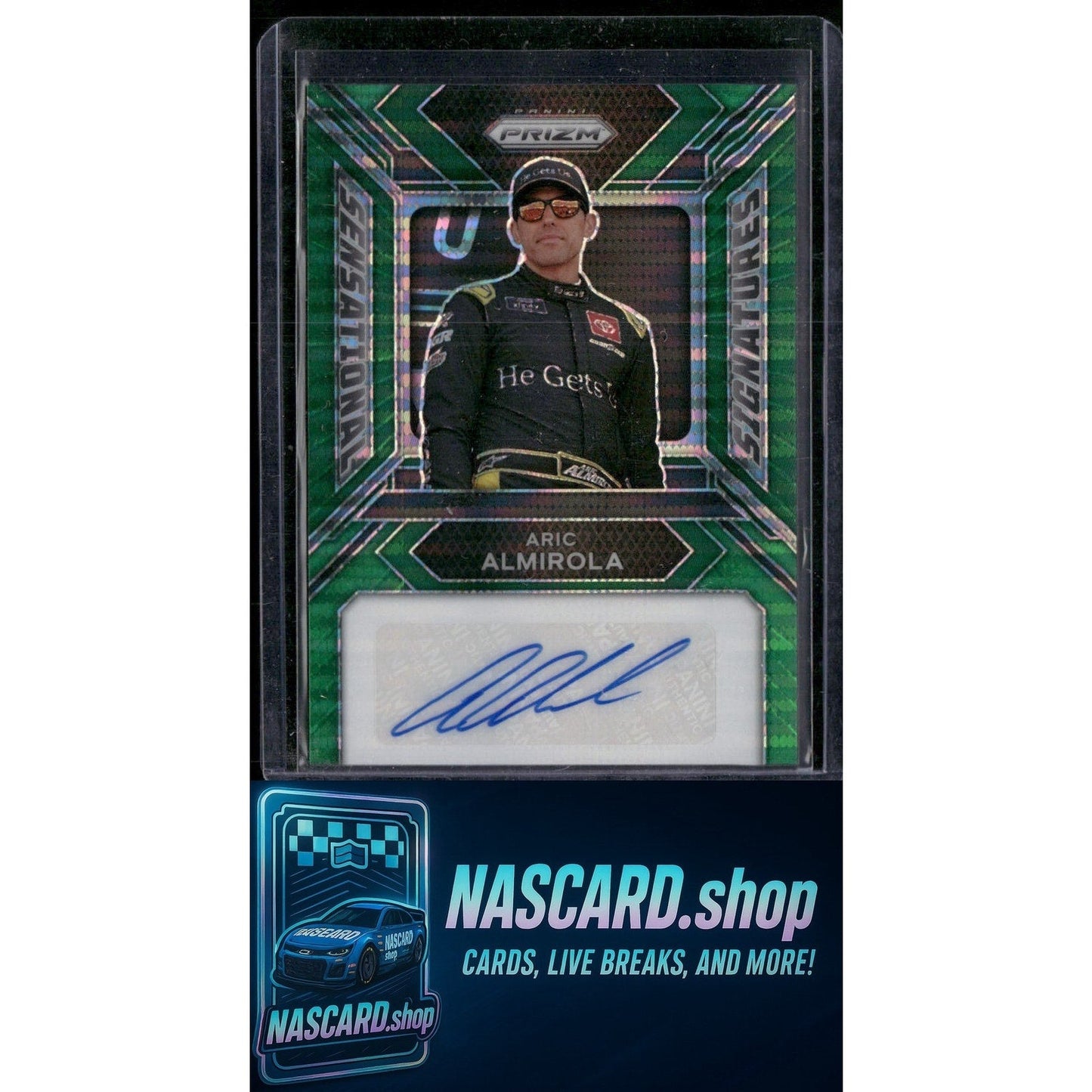 2024 Panini Prizm #SS-AAA Aric Almirola Sensational Signatures Green Pulsar #/10