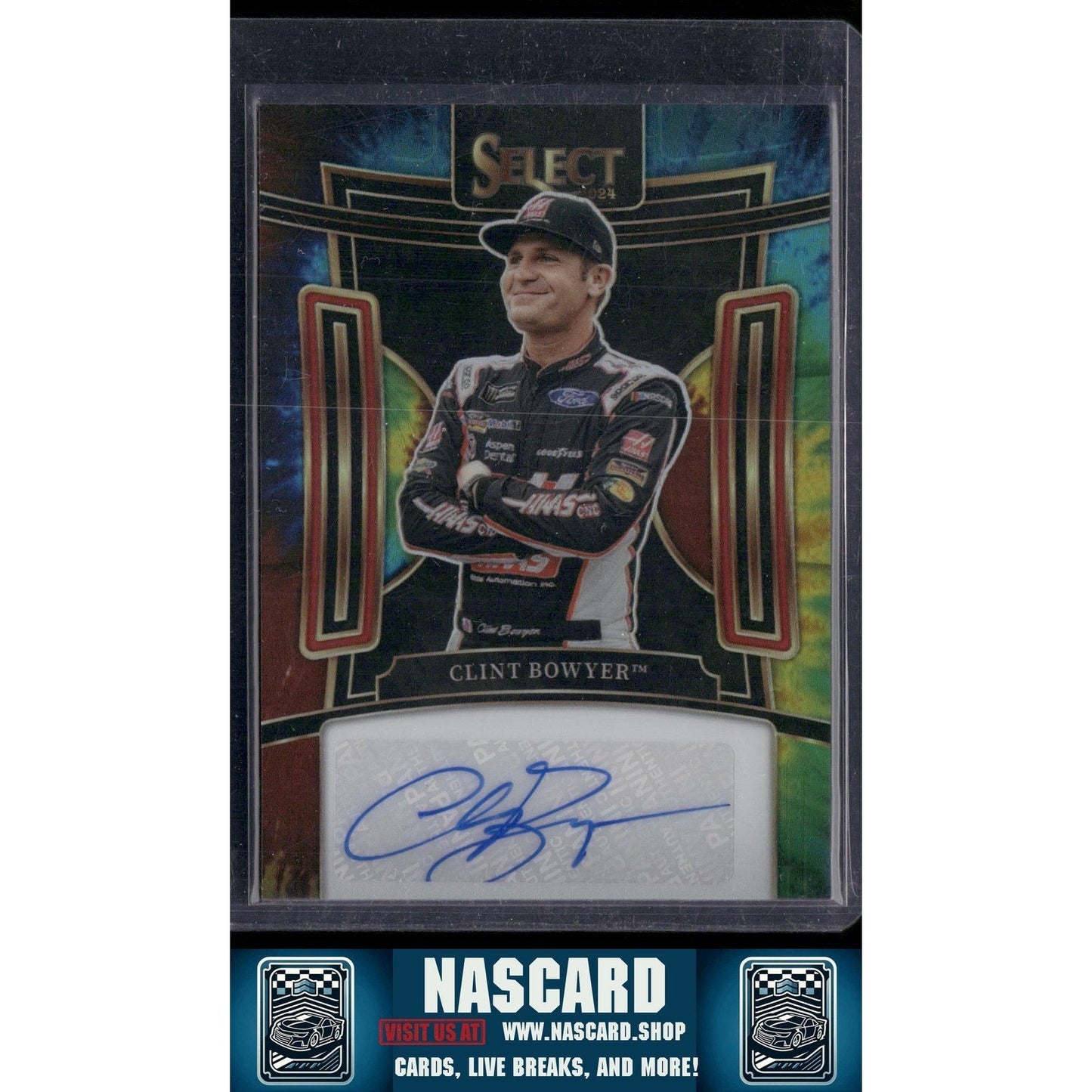 2024 Panini Select #S-CBY Clint Bowyer Signatures Tie-Dye Prizms #/25