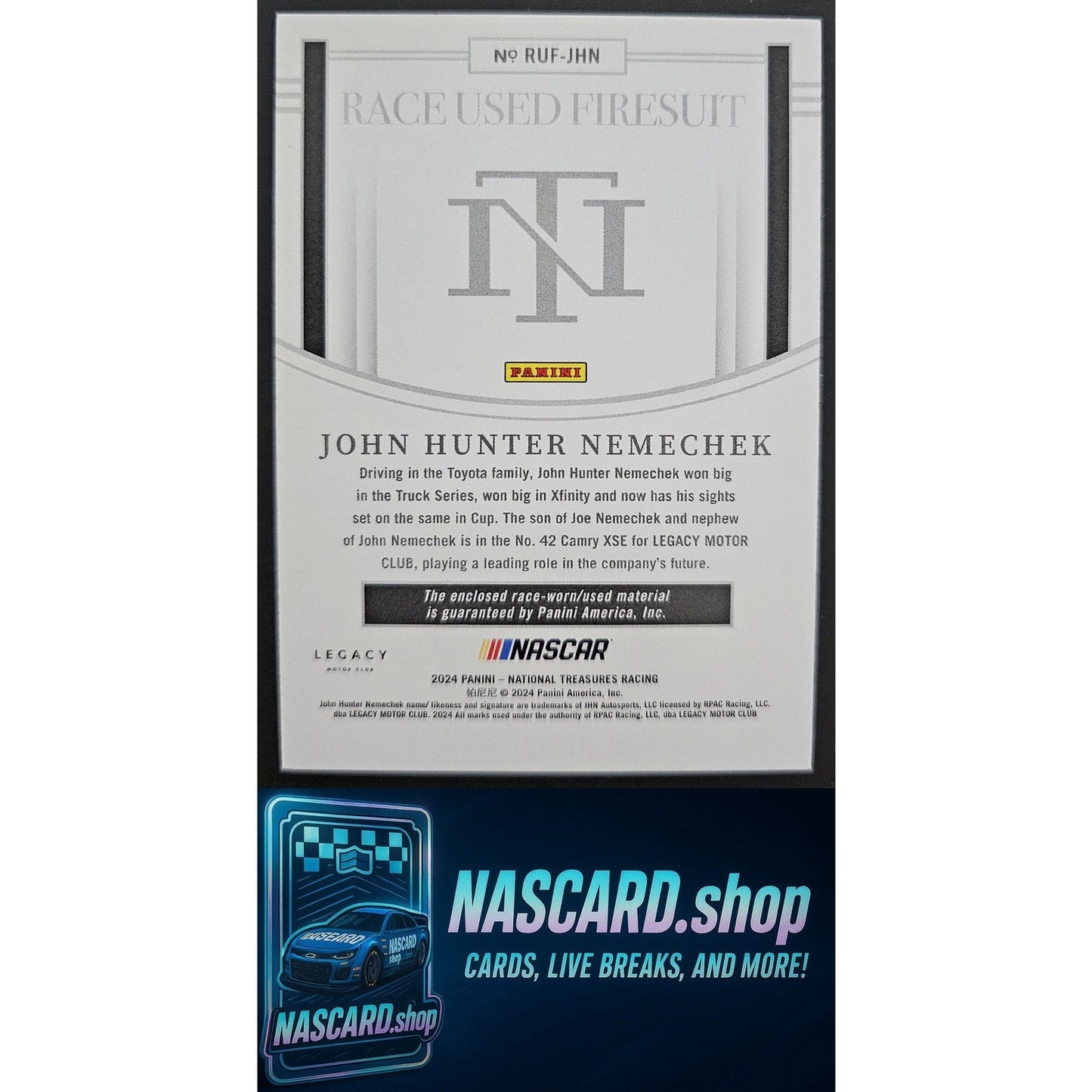 2024 National Treasures John Hunter Nemechek Race Used Firesuit Platinum 1/1
