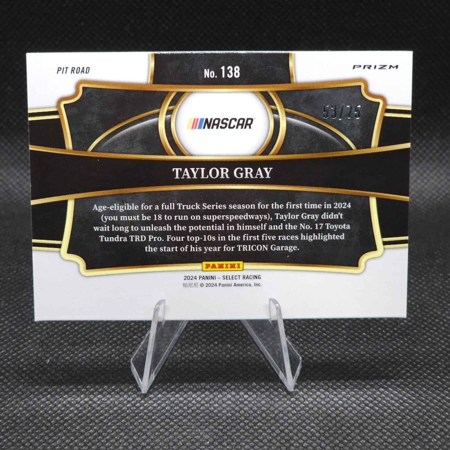 2024 Panini Select Racing Pit Road Purple Prizm #138 Taylor Gray 53/75