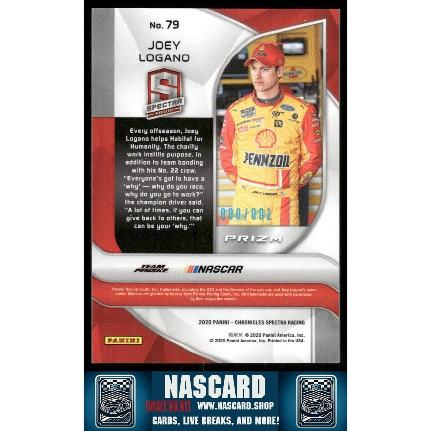 2020 Panini Chronicles Spectra #79 Joey Logano 1/1 Error Card